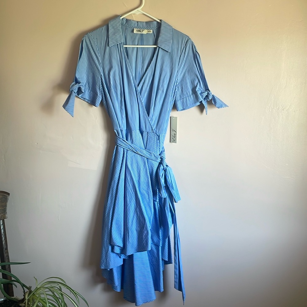 Pinstripe tie sleeve ruffle wrap dress